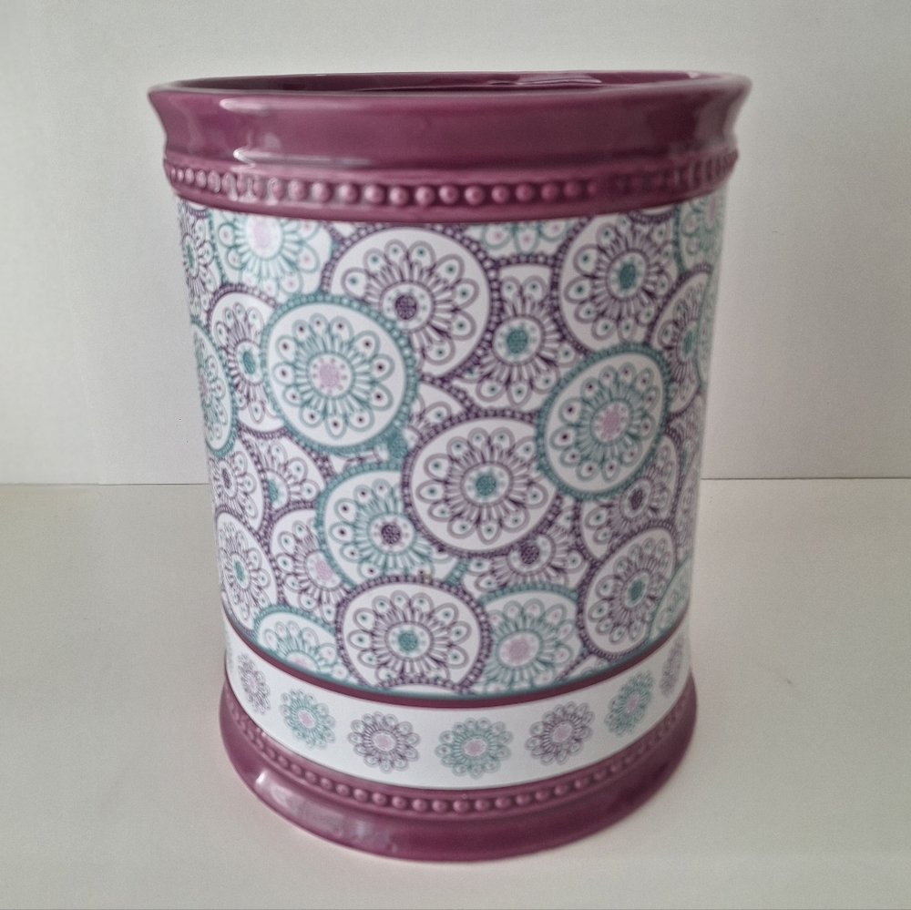 Decorative purple, blue and white bohemian flower planter